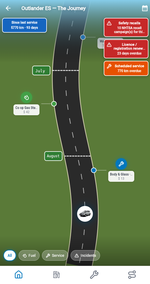 Carspel Journey screen: a winding road timeline with fuel stops, service reminders, and recall alerts marked along the route, with the app's current icon-only bottom navigation visible below.